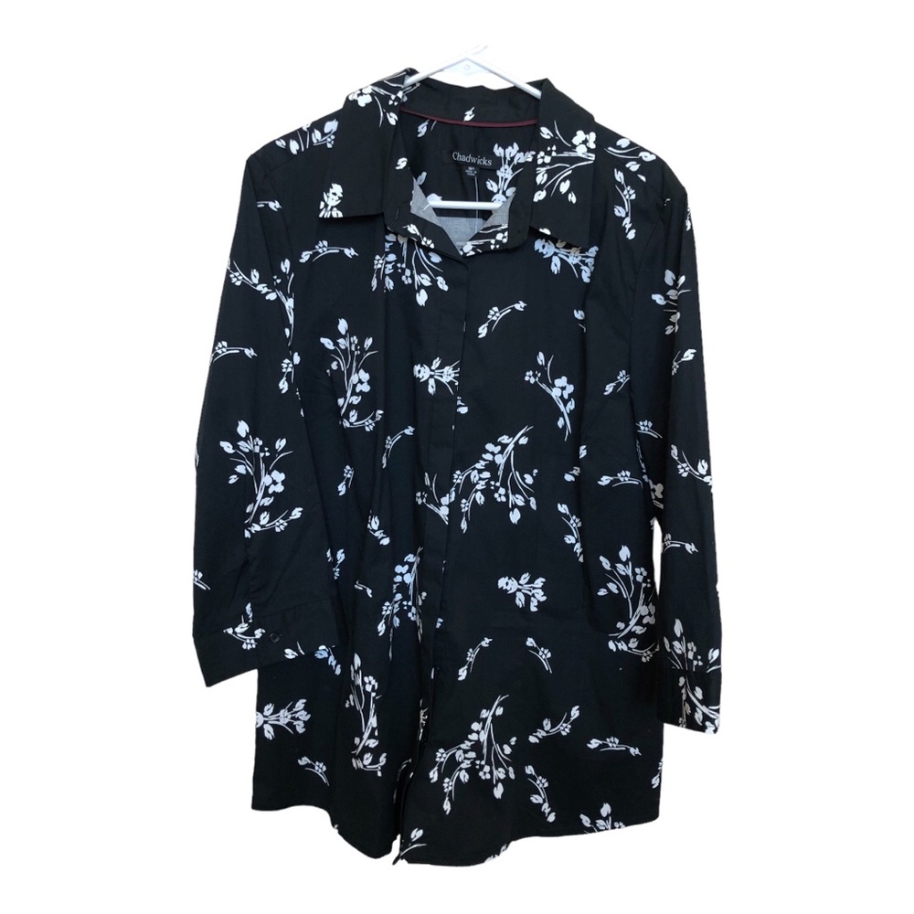 Chadwicks Long-Sleeved Button Down Blouse Tunic Shirt Black White Flowers 18T